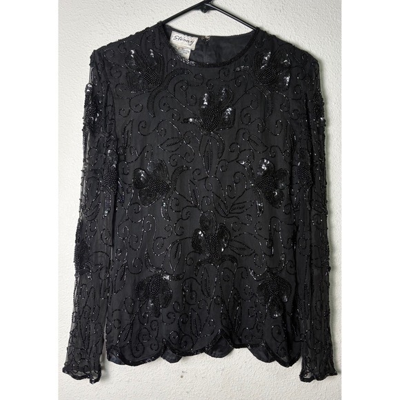 Stenay Tops - Stenay Vintage Black Silk Beaded Sequin Floral Long Sleeve Blouse Scallop Hem S